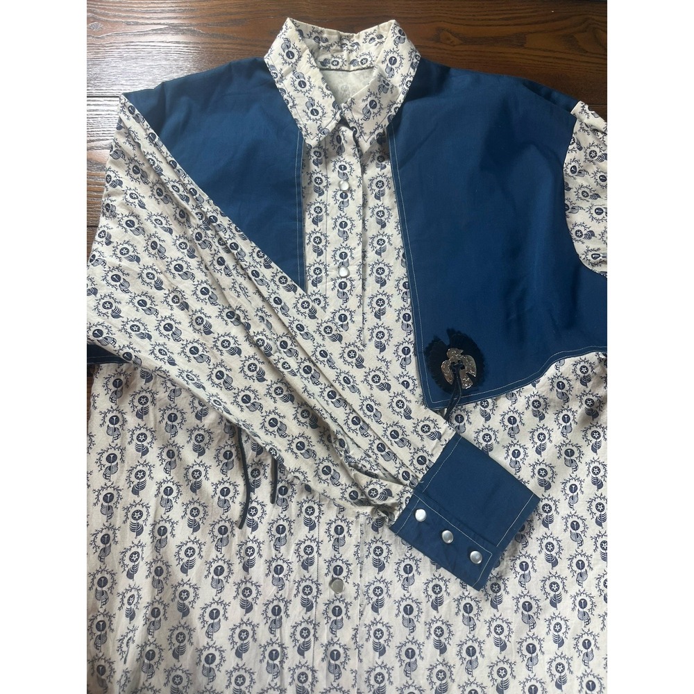 Handmade Men's Large Beige Blue Western Pearl Snap Long Sleeve Cowboy Flag Shirt